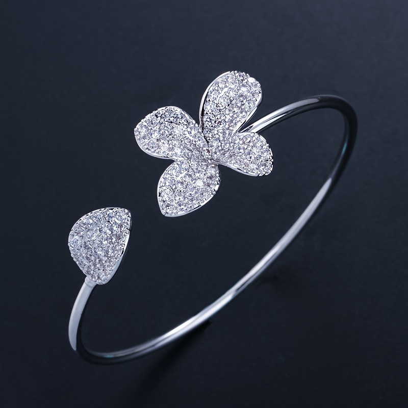 1pc Light Luxury Silvery Flower Leaf Open Cuff Adjustable Bangle Setting Synthetic Zirconia Elegant Women Jewelry For Birthday Party