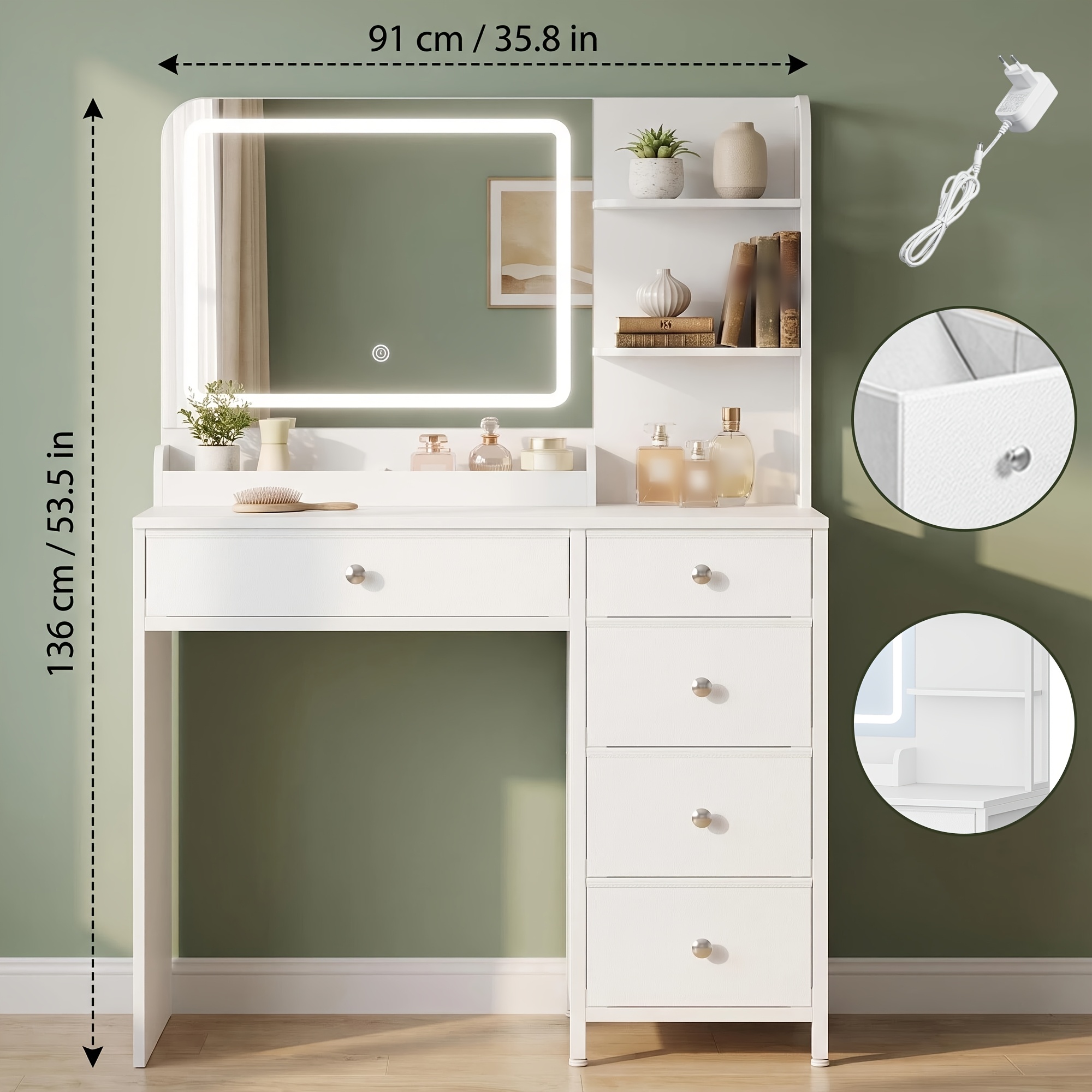 Image of Modern Bedroom Vanity Table With White Cabinetry, Tri-color Temperature Led Backlit Mirror, 5 Drawers, And 2 Open Shelving Units