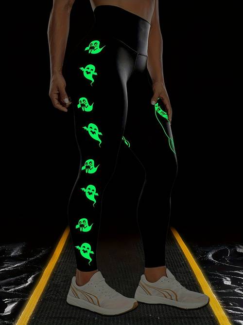 vrouwen casual sport leggings, -the-dark halloween print hoge taille buikcontrole hardloop yoga broek