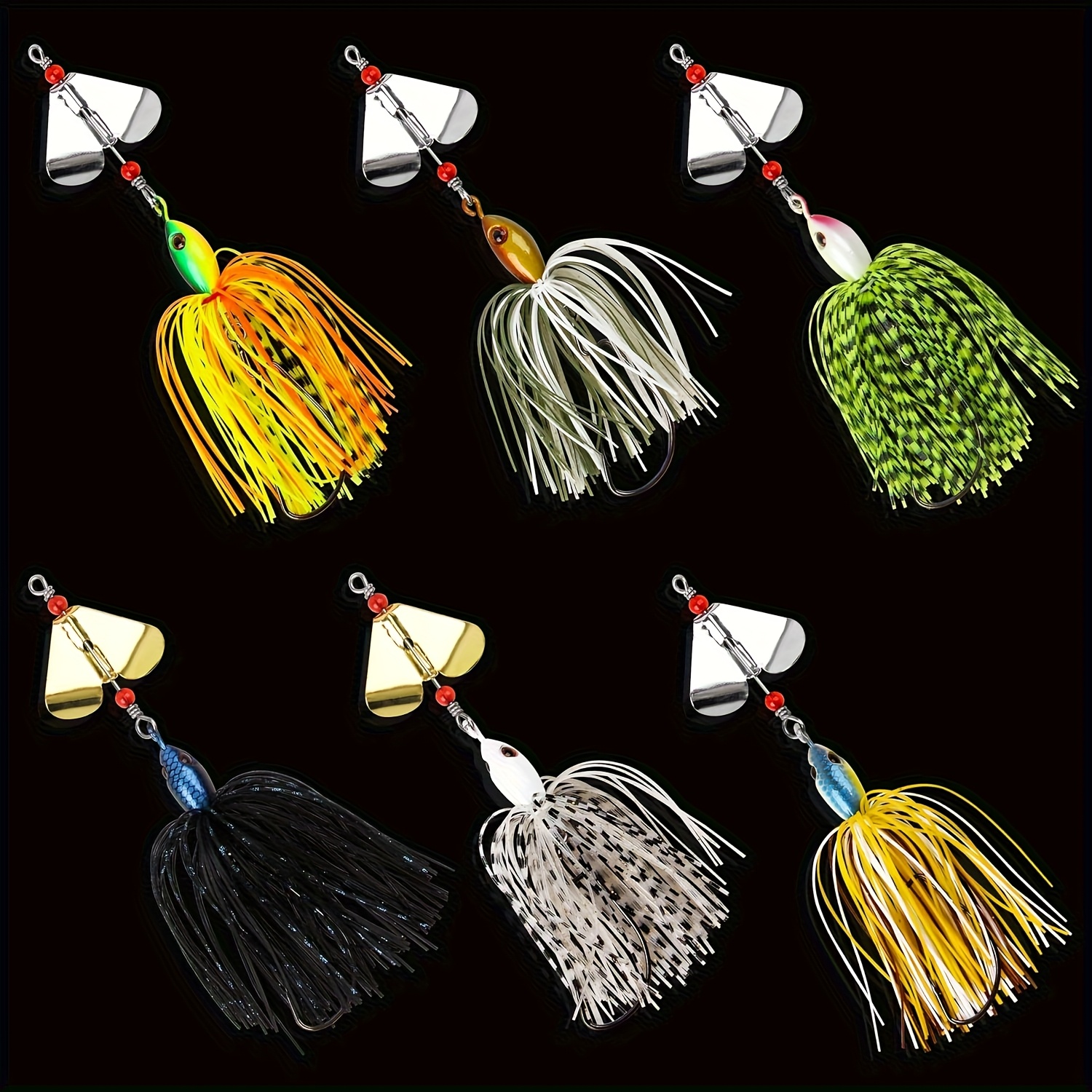 Set of 6 Multicolored Spinnerbait Fishing Lures for Bass, Trout, and Salmon, Suitable for Freshwater and Saltwater