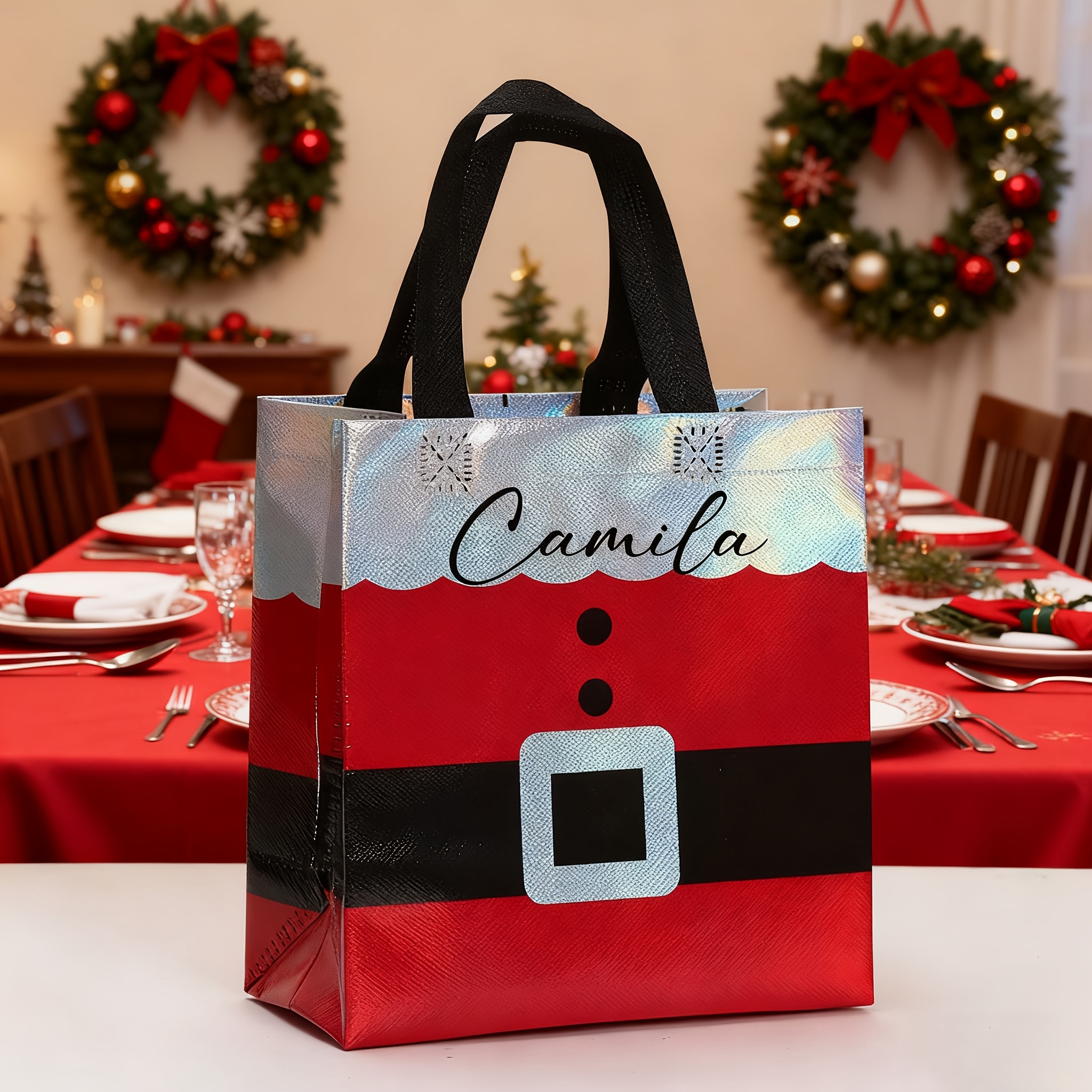 Image of Gift For Her/him A Customized Red Gift Bag For Valentine's Day, Personalized With A Name, Featuring A Handle And Laser , With A Santa Claus Pattern. A Party Tote Bag Made Of Non-woven Fabric
