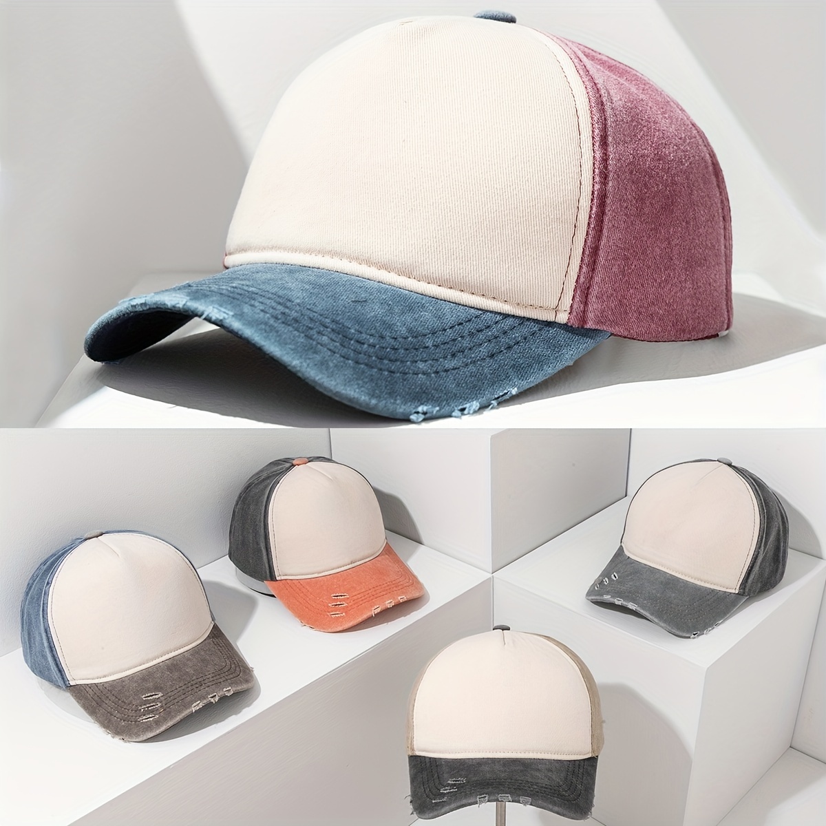 

Vintage Two-tone Distressed Baseball Cap, Casual Sun Protection Hats, Streetwear Stylish Caps, Adjustable Fashion Hats