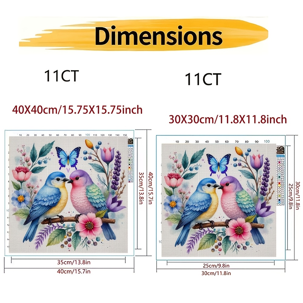 11CT Frameless DIY Cross Stitch Kit, Two Birds, Flowers, Butterfly