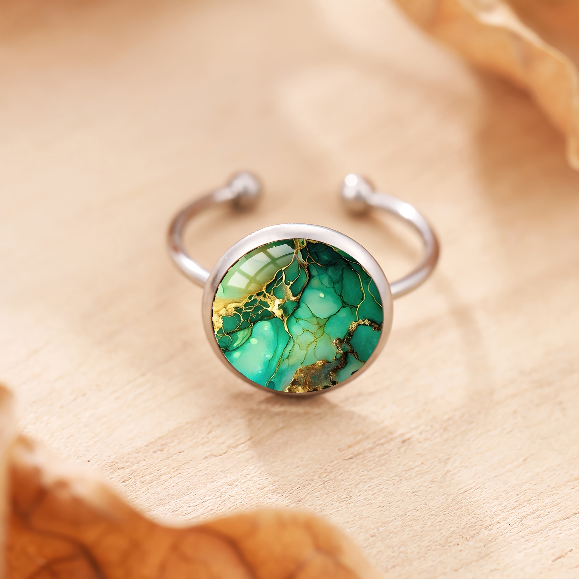 Image of 1pc Women's Fashion Ring, Green Marble Texture Pattern Bohemian Artistic Steel Inlaid Cabochon Adjustable Ring, Suitable For Daily, Party And Holiday Wear Birthday Gift Nature Lover Gift
