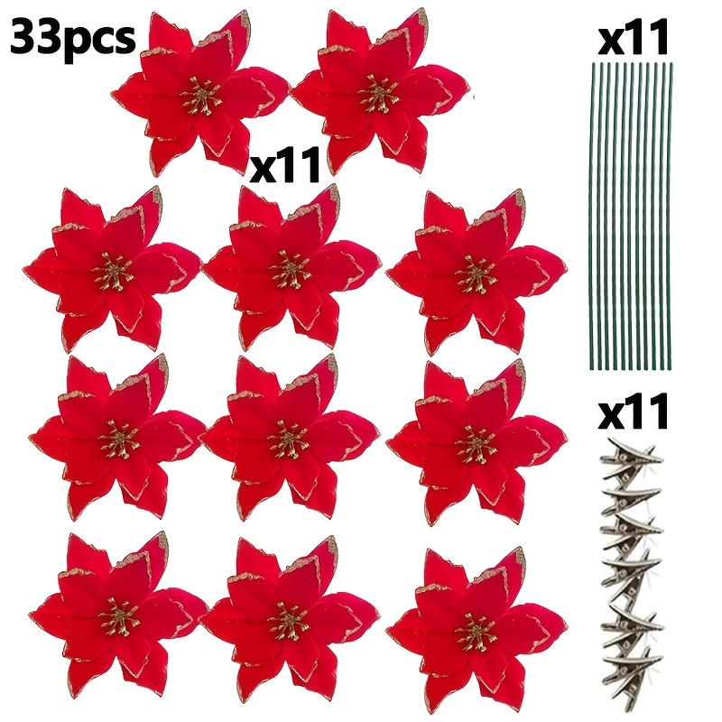 TEMU Juego de 33 piezas (11 flores + 11 pinzas + 11 ) - Cabezas de flor de pascua rojas artificiales con bordes dorados. Los tienen una textura