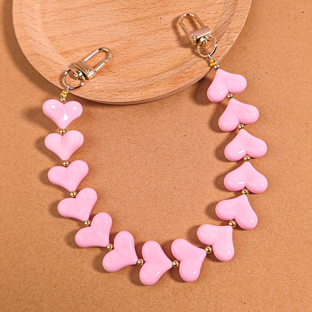 TEMU 1pc Of Stylish Solid Color Acrylic Peach Mobile Phone Lanyard, Handmade Beaded Phone Strap With Valentine's Day Heart, Featuring Pink Bowknot
