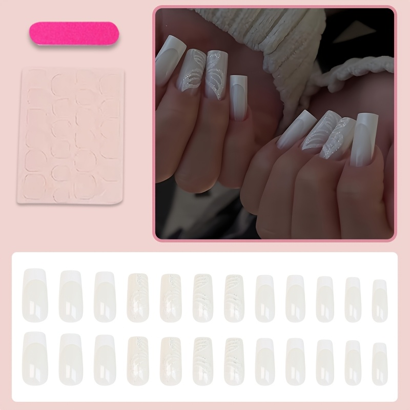 TEMU 24-teiliges Set mittelgroße quadratische Aufklebenägel, Nude-Weiß-Farbverlauf-Künstliche Nägel mit 3D-geprägtem Glitzer-Flügelmuster, glänzendes
