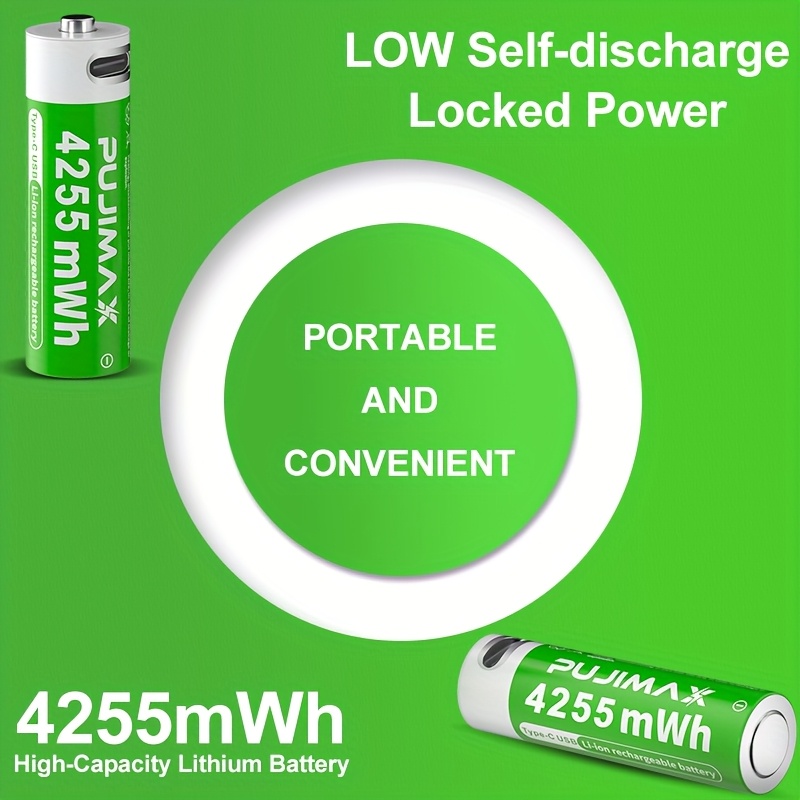 Pile au lithium-ion PUJIMAX AA, 4/8/12 pièces 4255 mWh 1,5 V, pile au lithium rechargeable haute capacité à tension constante, compatible avec câble de charge Type-C pour télécommande, clés de voiture, micro sans fil, manette de jeu, lampe torche, brosse à dents électrique, etc.