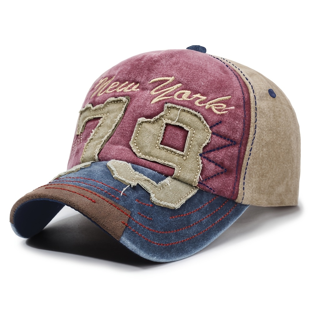 TEMU Vintage--block Embroidered Baseball , Versatile Washed Couple's Snapback For Vacation And Travel, Suitable For , A Fashionable Accessory For