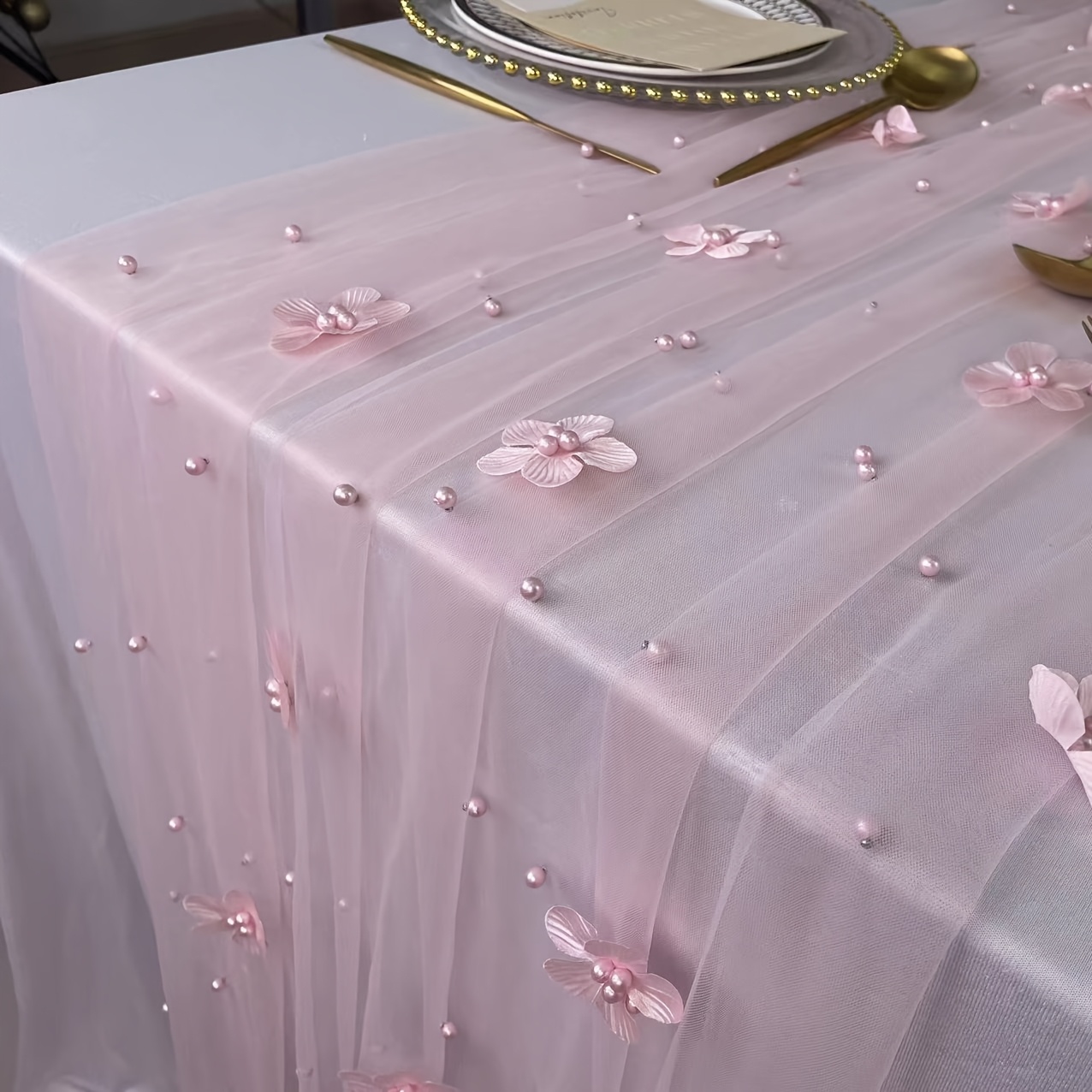 E-shop Tischdecke mit rosa Perlenblumen für Dinner, Hochzeit, Geburtstag, Party, Empfangstischdekoration