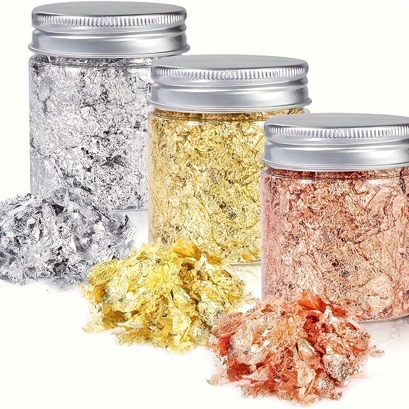 

3 Bottles, 9g Each, Imitation Golden, Silvery, And Rose Golden Foil Flakes - Metallic Leaf Schabin For Nails, Painting, Crafts, Slime, And Resin Jewelry Making