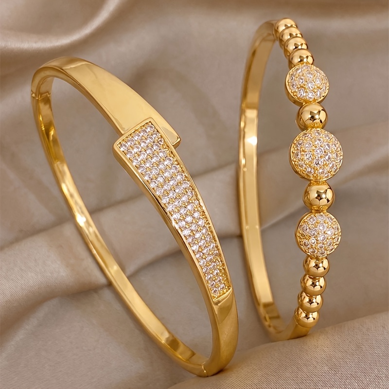 2pcs Golden-Tone Stainless Steel Bangle Set, Twisted Flow Design
