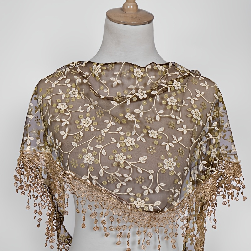 TEMU Women's Bohemian Lace Shawl - Breathable Polyester Triangle Scarf With Floral Embroidery, Black & For Casual Wear, Machine Washable, Bohemian