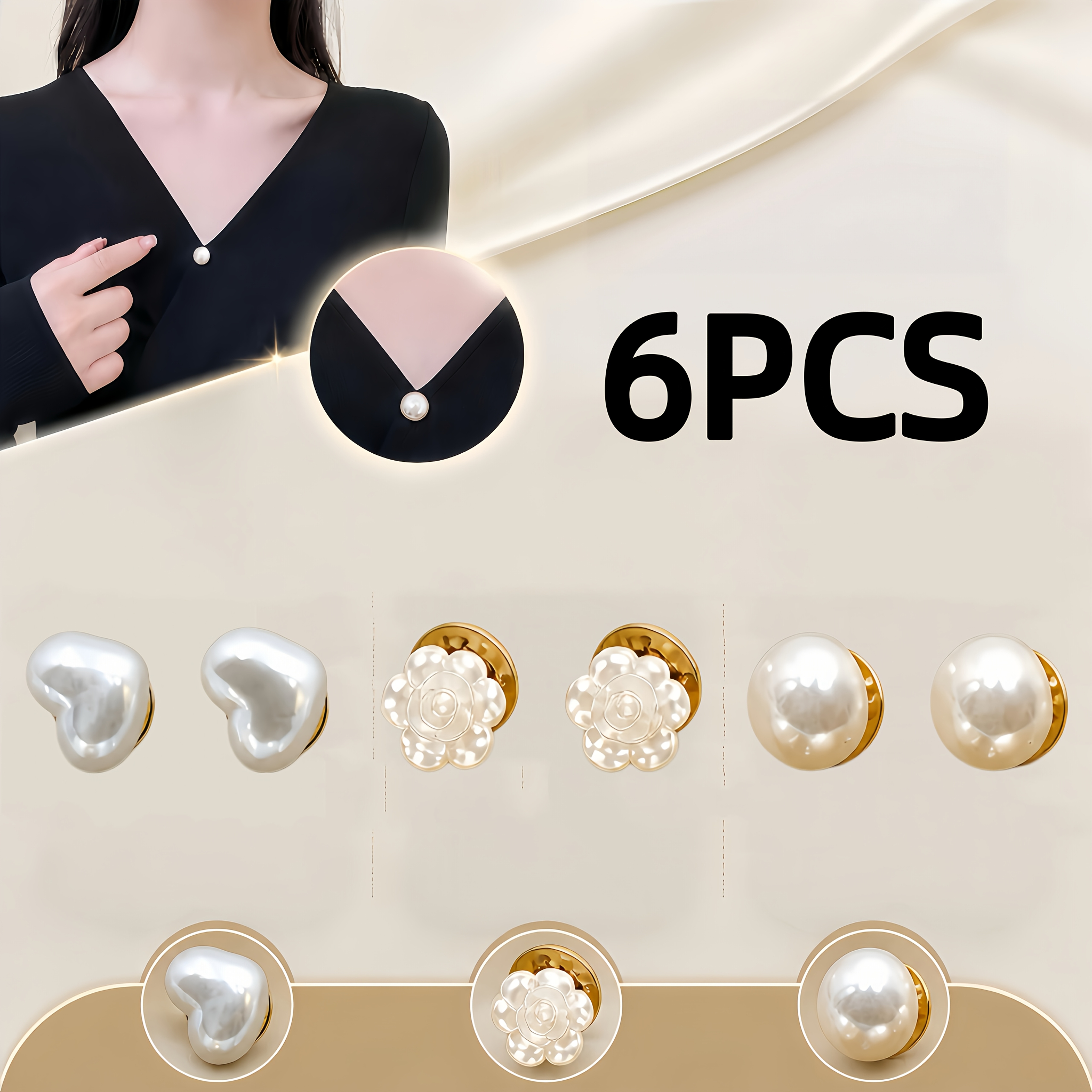 TEMU Juego de 6 botones de perla de -abertura, estilos de , flor y , reductor de escote y de ropa, accesorio versátil para camisas y cárdigans