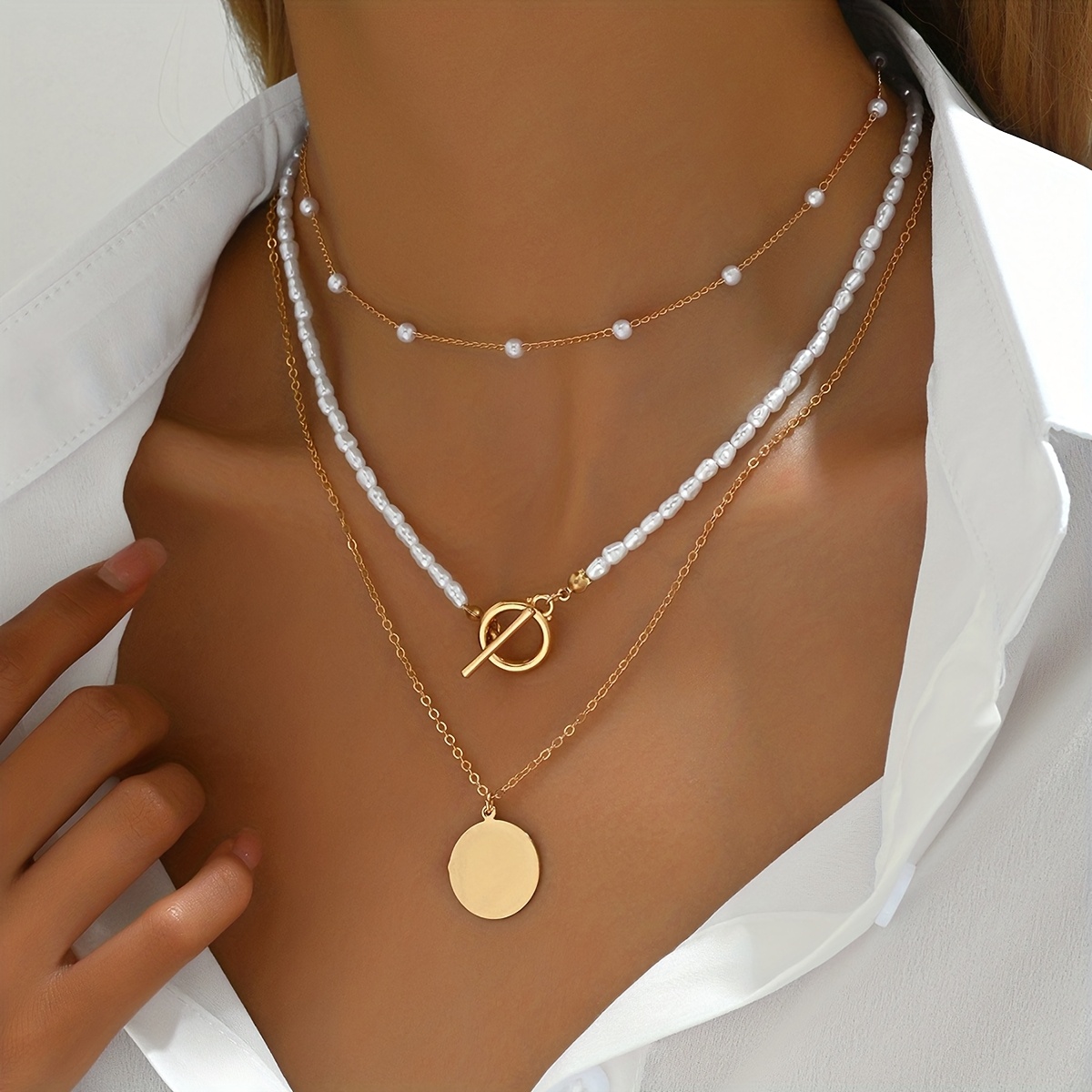 Image of A Trio Of Necklaces Featuring Pearl Disc Pendants, Handmade Beaded Chokers Are Stylish And , Perfect For Layering. A Trendy And Look For Women, Ideal For Daily Use
