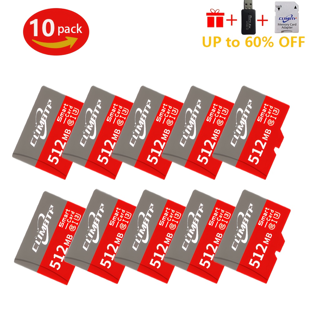 TEMU 10-pack Climbtp Small-capacity Memory Cards 128mb/256mb/512mb | Includes Card Reader + Adapter For Secure Storage Of Files, Music, And Photos On