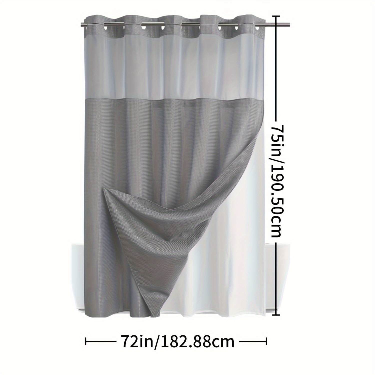 TEMU 1pc Waffle Double Hookless Shower Curtain Hotel-grade Fabric Shower Curtain With Removable Lining, Waterproof, Grey, 72x75 Inches
