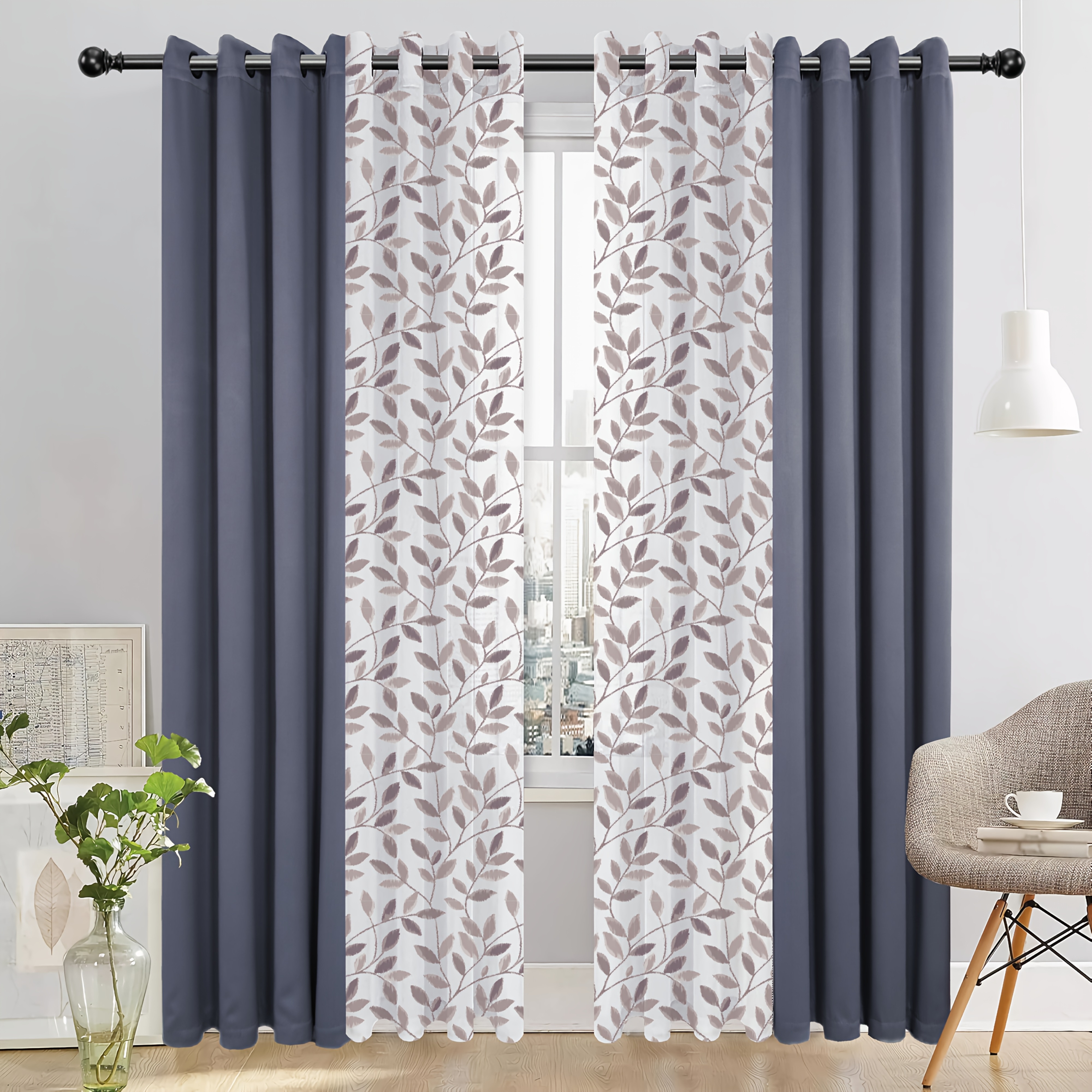 Elegant 4pcs Blackout Curtain Set with Spring Leaf Print