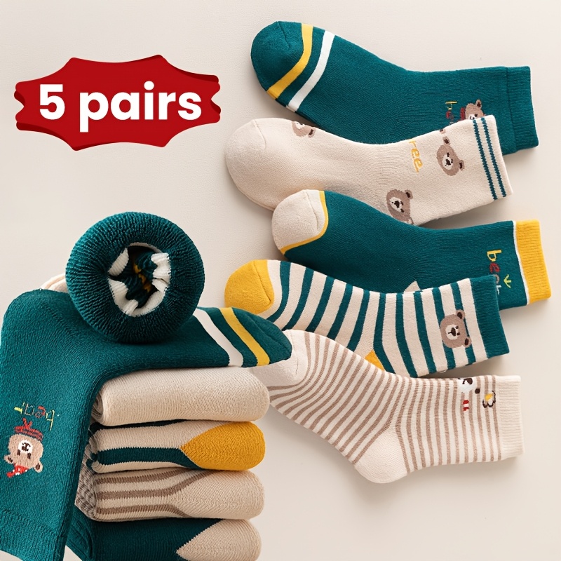 Image of 5 Pairs Plush Socks Bear Boys' Terry Socks Winter Soft Comfortable Cold-proof - Preppy Style Fleece Thick Cute Cartoon All-match Boys' Mid-calf Socks