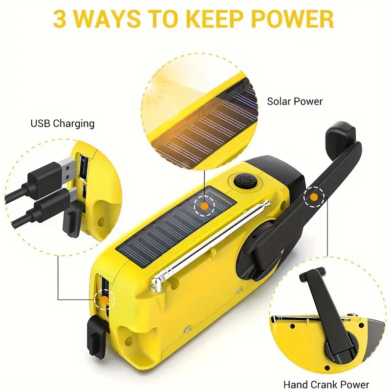 Notfallradio mit 2000mAh Powerbank, Kurbel, Solar, AM / FM & LED Notfallradio mit 2000mAh Powerbank, Kurbel, Solar, AM / FM & LED