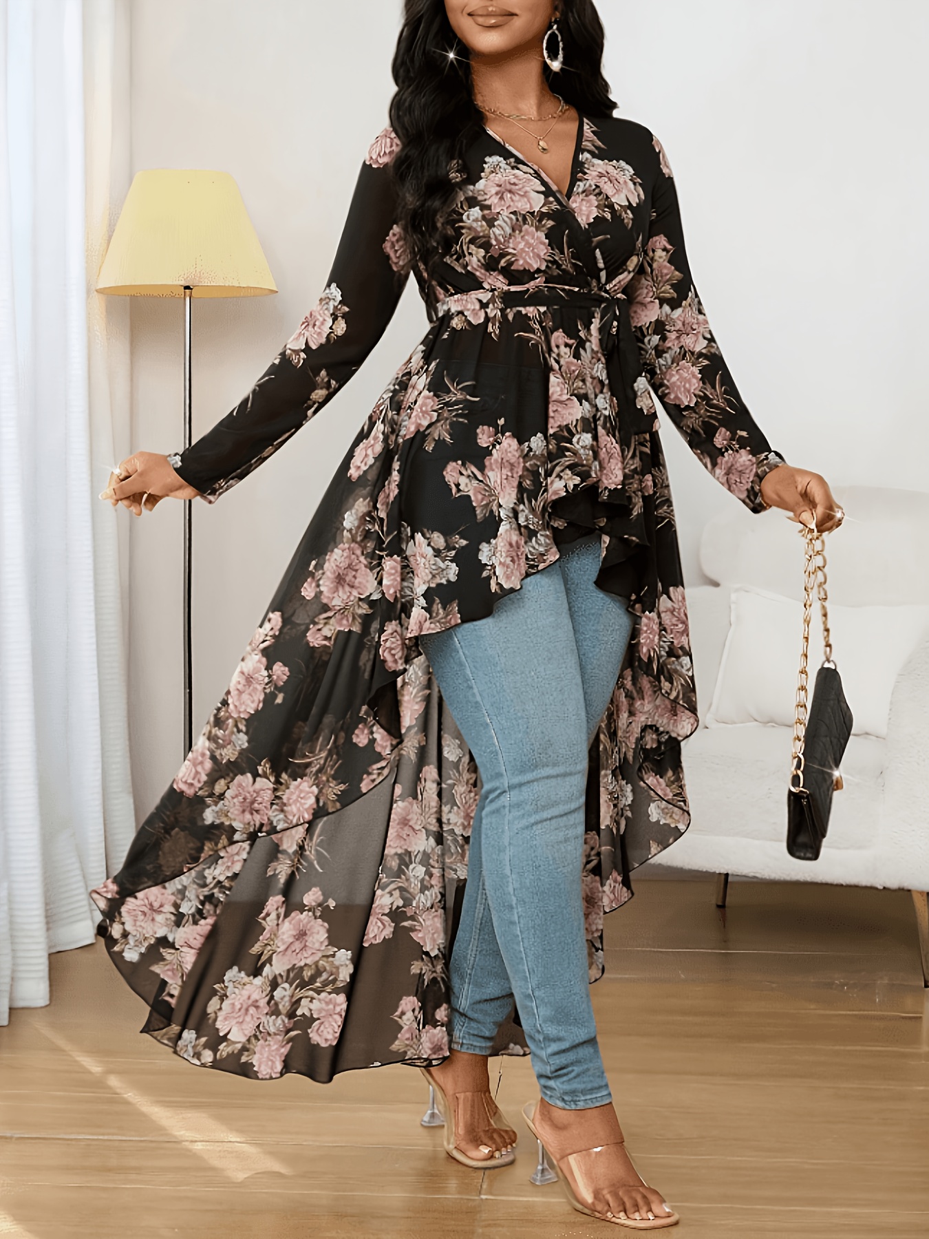 Womens Printed Overlapping V Neck Long Sleeve High Low Hem