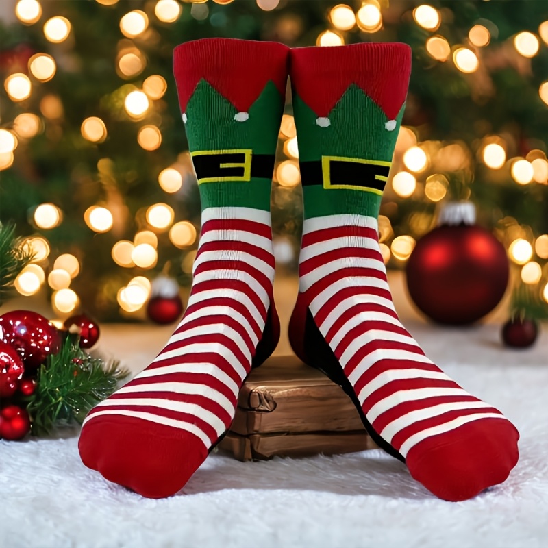 TEMU 1 paire de chaussettes de Noël motif à panneaux de couleur avec bordure à rayures rouges, vertes et blanches pour une ambiance festive