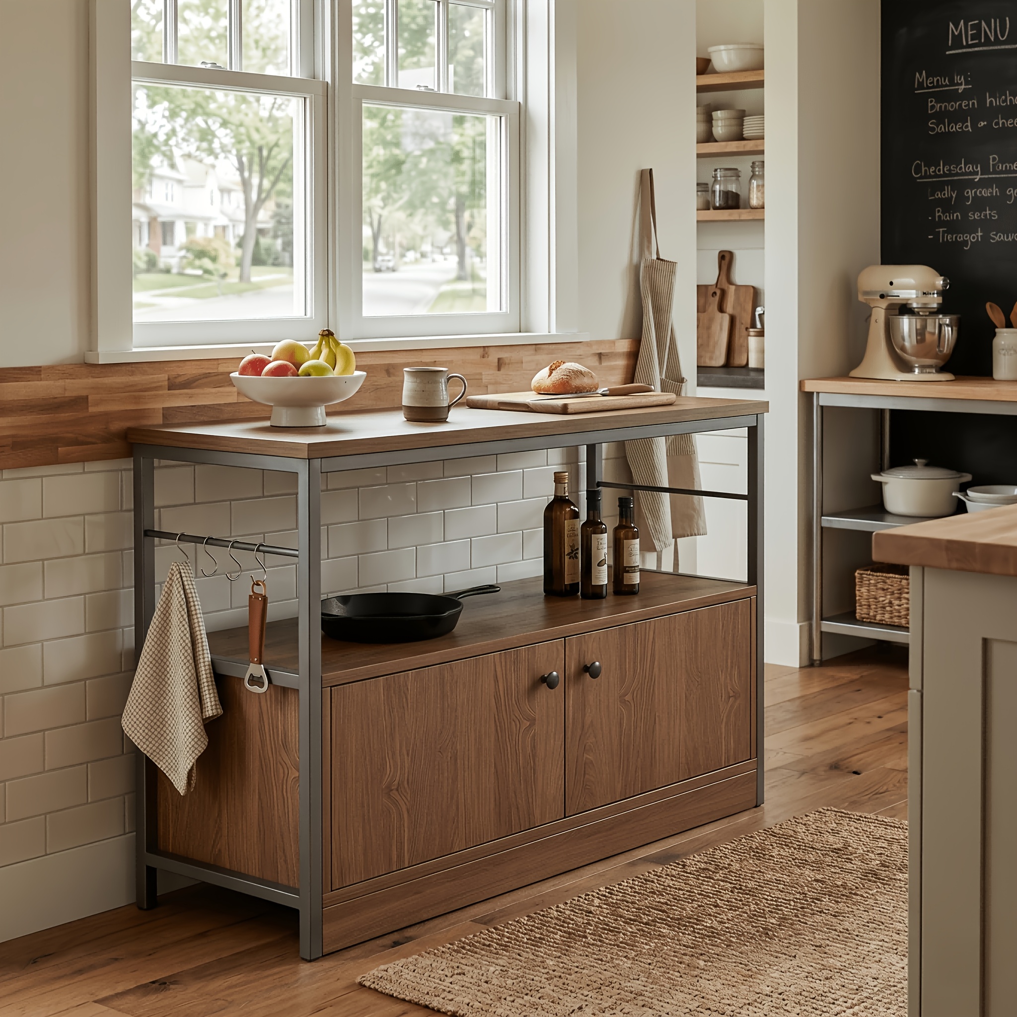 Image of 100cm Wide Kitchen And Open Shelves, Wood Microwave Stand Baker's Rack With Metal Frame, Freestanding Coffee Bar Cabinet, Pantry Organizer And Office Storage Unit, Standing Shelf