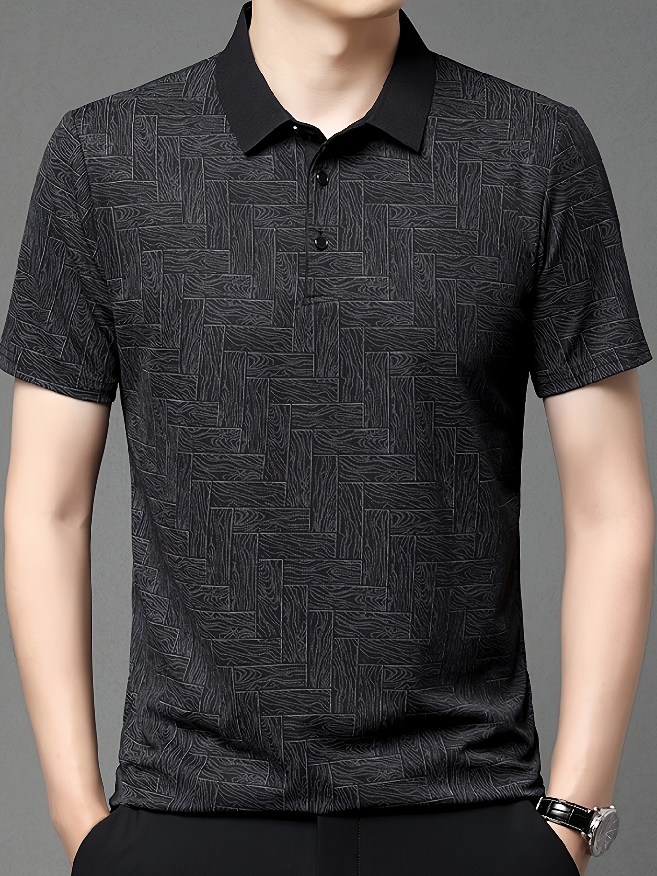 ανδρικό καλοκαιρινό πουκάμισο - περιστασιακό με κοντά μανίκια, γιακάς με κουμπιά, καφέ γεωμετρικό σχέδιο, ελαφρύ μείγμα πολυεστέρα, ιδανικό για περιστασιακή ενδυμασία και γκολφ Στοιχεία είδους 8