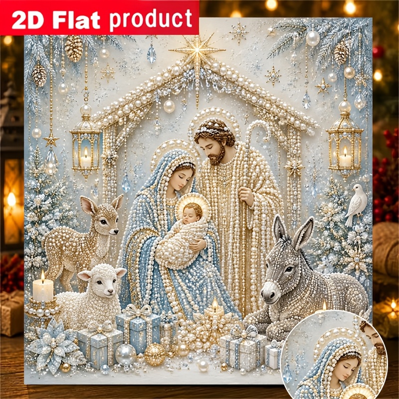 TEMU Diy Pearl & Diamond Painting Kit Suitable For Beginners: Nativity Scene With Blue-golden Nativity Art, Round Pearl & Diamond Beads, Frameless