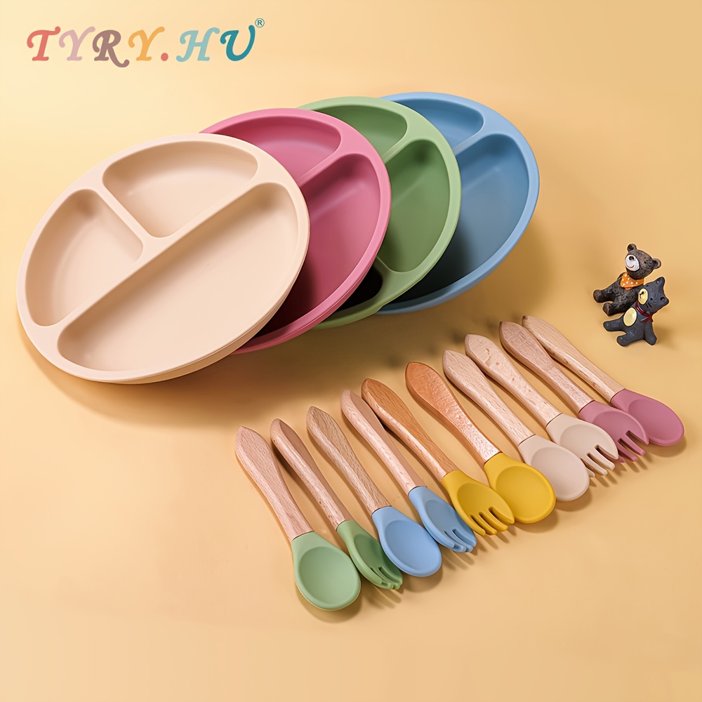 

Tyry.hu 3pcs/set, 100% Silicone Baby Feeding Set, Silicone Divided Suction Plate, Led Weaning Set, Plates And Utensils Set, Tableware, Plate And Spoon, Christmas, Halloween And Thanksgiving Gifts