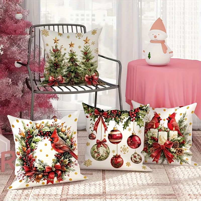 

4-pack Christmas Throw Pillow Covers 18x18 Inch, Contemporary Style Polyester Cushion Cases, Hand Washable With Zipper, Red And Holiday For Living Room Sofa - Inserts Not Included