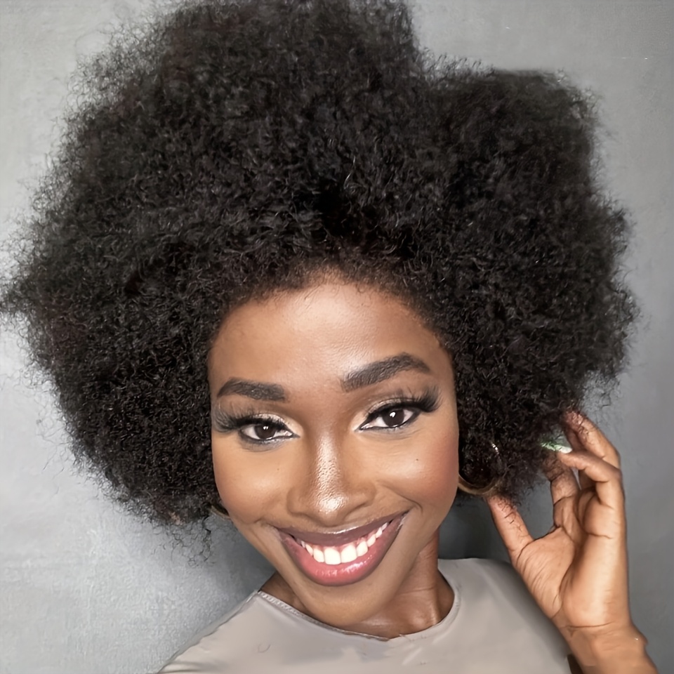 TEMU Perruques en cheveux humains vierges brésiliens pour femmes avec frange en dentelle 13x4 à boucles crépues afro - de cheveux 180%, couleur 1B