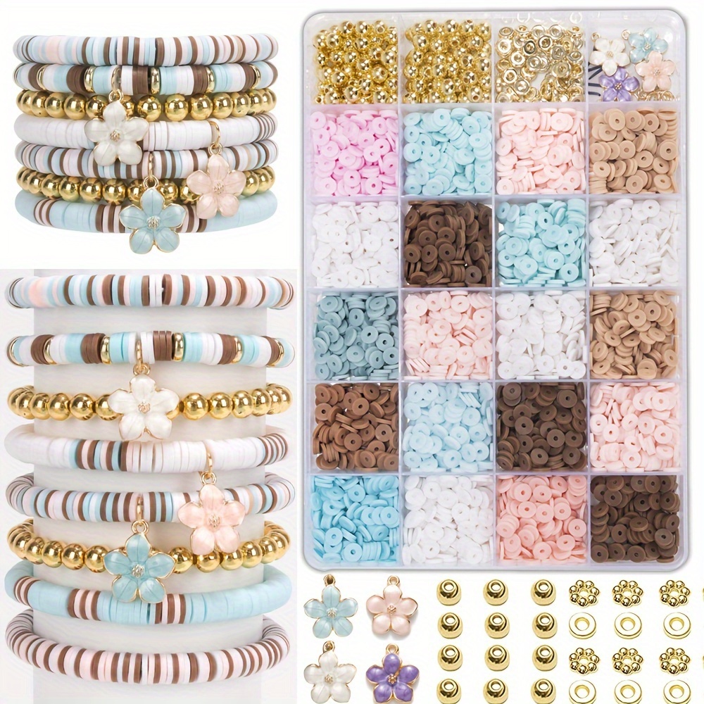 

Bohemian Style Diy Bracelet Making Kit, 2600pcs Flower Charms & Clay Beads With Golden Accents, Friendship Jewelry Craft Set, Pinkish Blue Multicolor, For Women