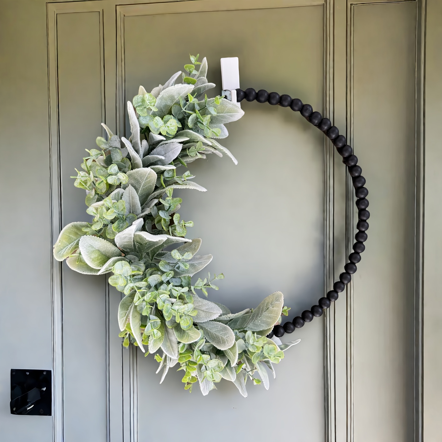 Sheep's Ear And Eucalyptus Wood Bead Wreath For Front Door, Minimalist Everyday Wreath