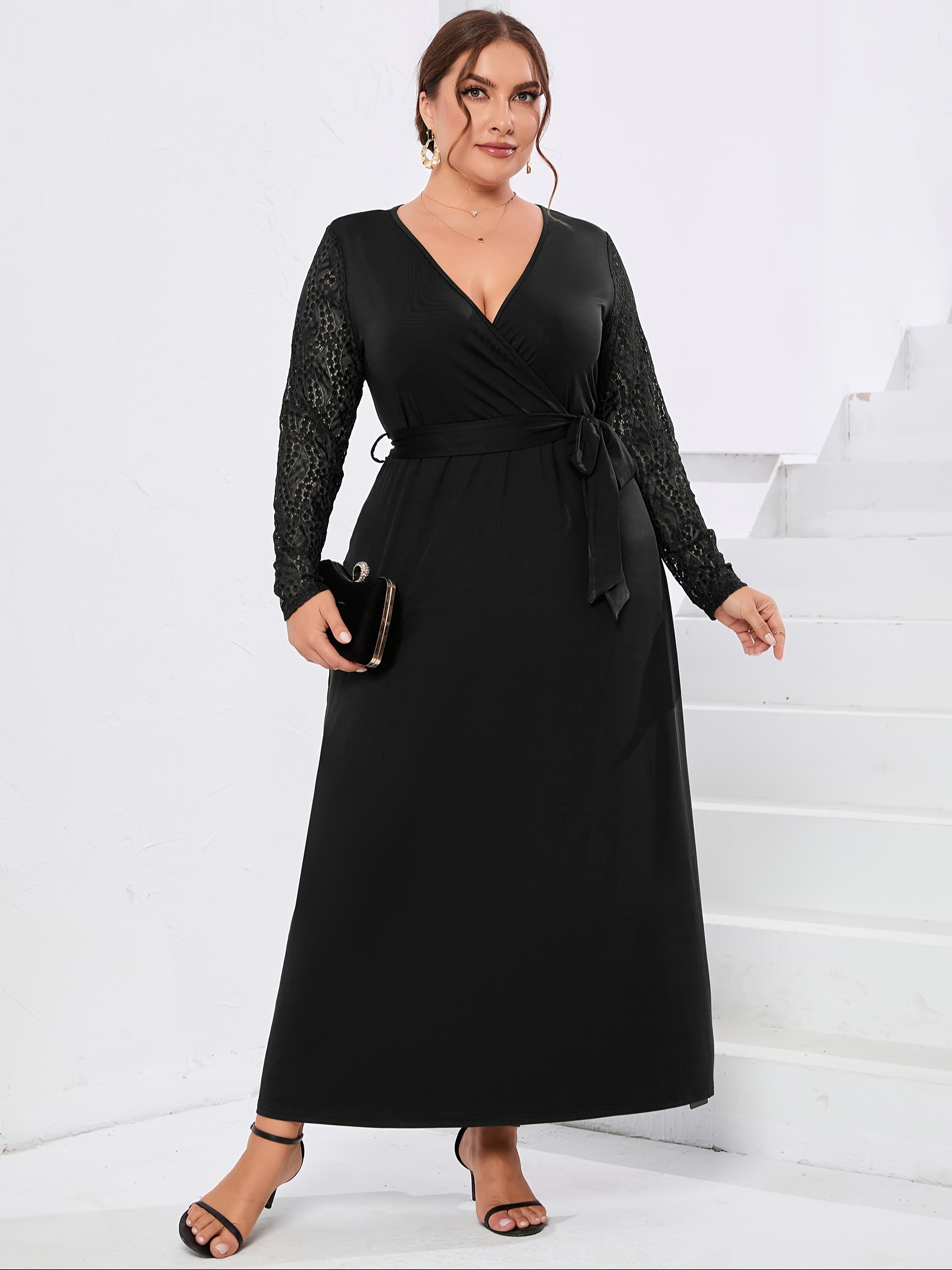 plus size, women's elegant knee-length lace overlay dress - -fit long  sleeve round neck, machine washable 3-season versatile black dress for  casual & formal occasions, autumn fashion, sophisticated style, , stylish  apparel,