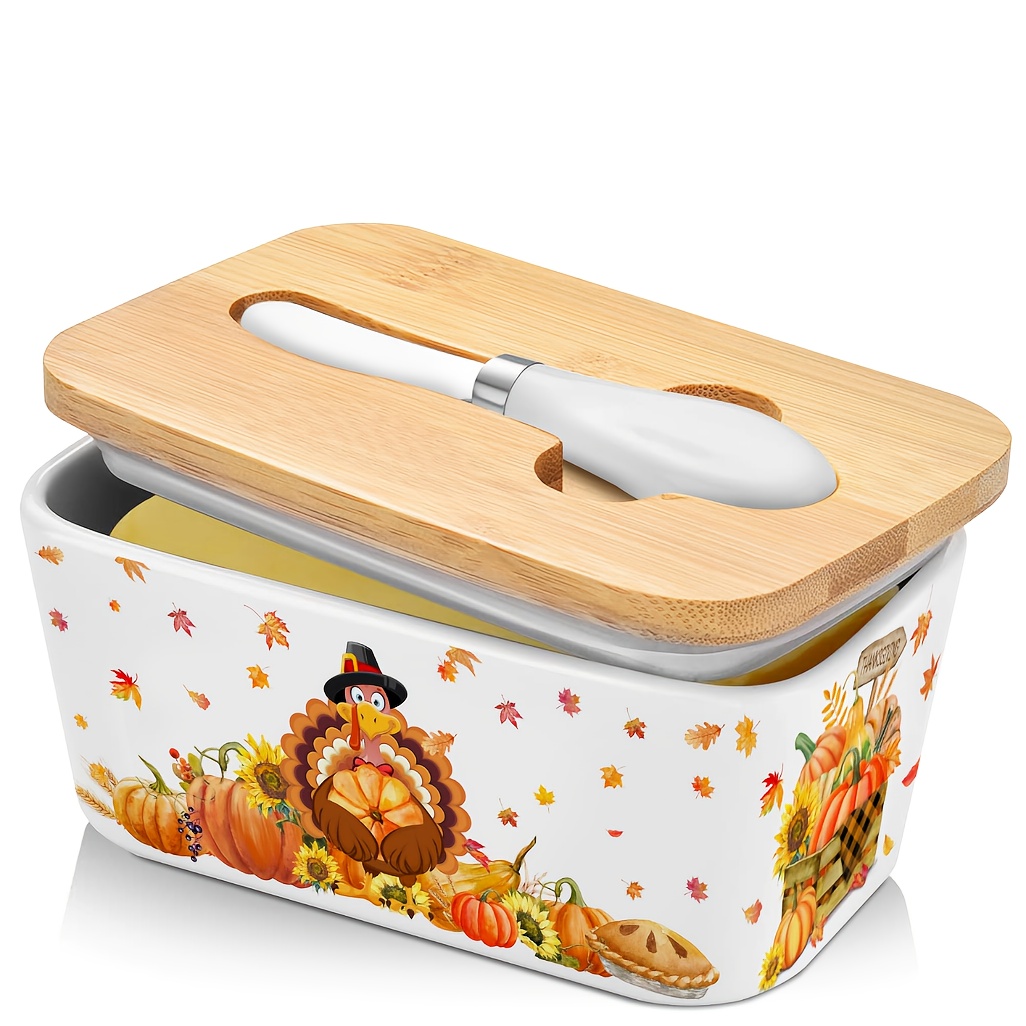 Ceramic Butter Container Featuring A Lid And Knife, Designed With A Turkey And Pumpkin Motif For Autumn, Perfect For A Farmhouse Kitchen Decor During Season