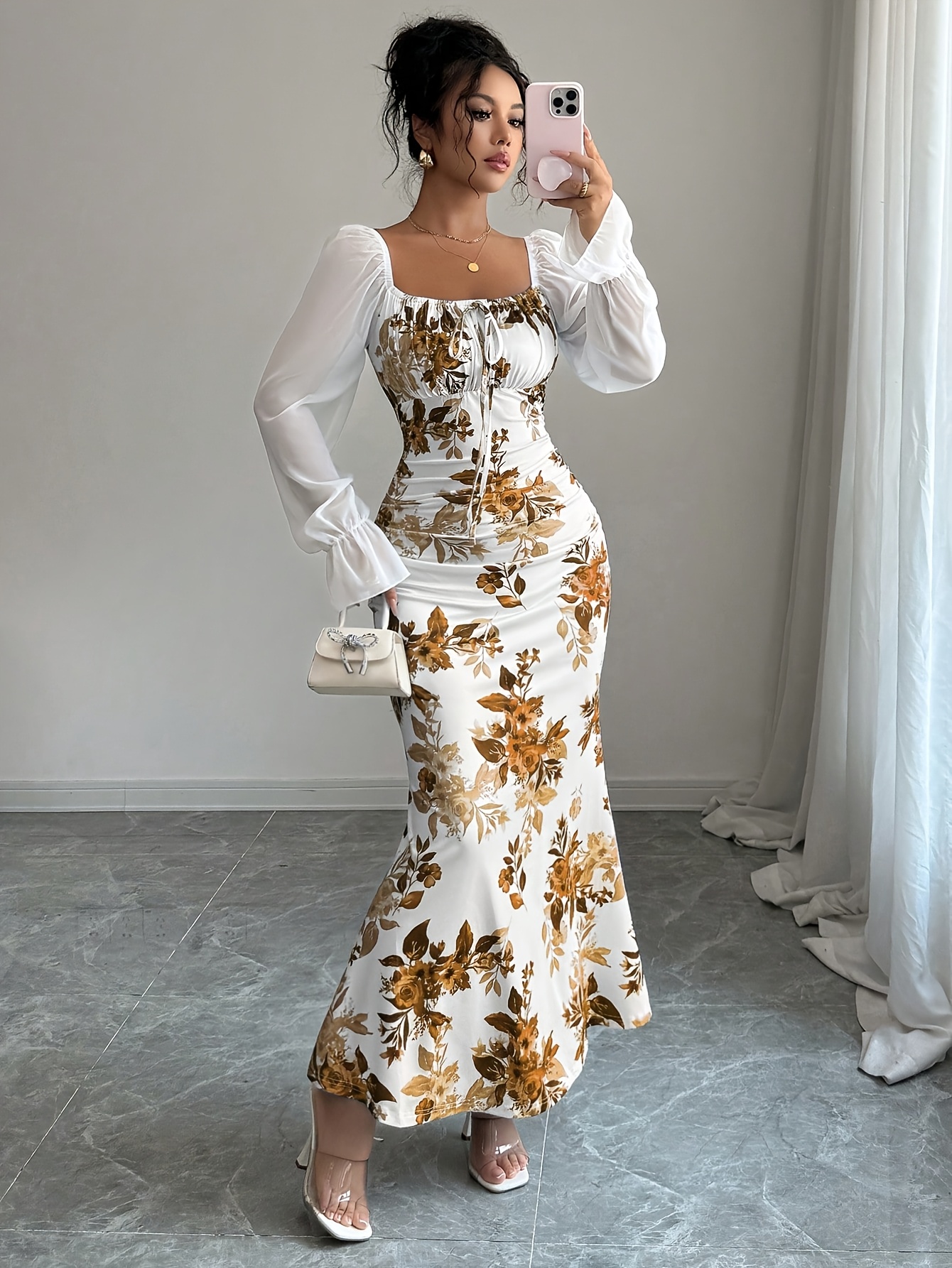 elegant floral print long sleeve bubble sleeve notch neck - Temu Morocco