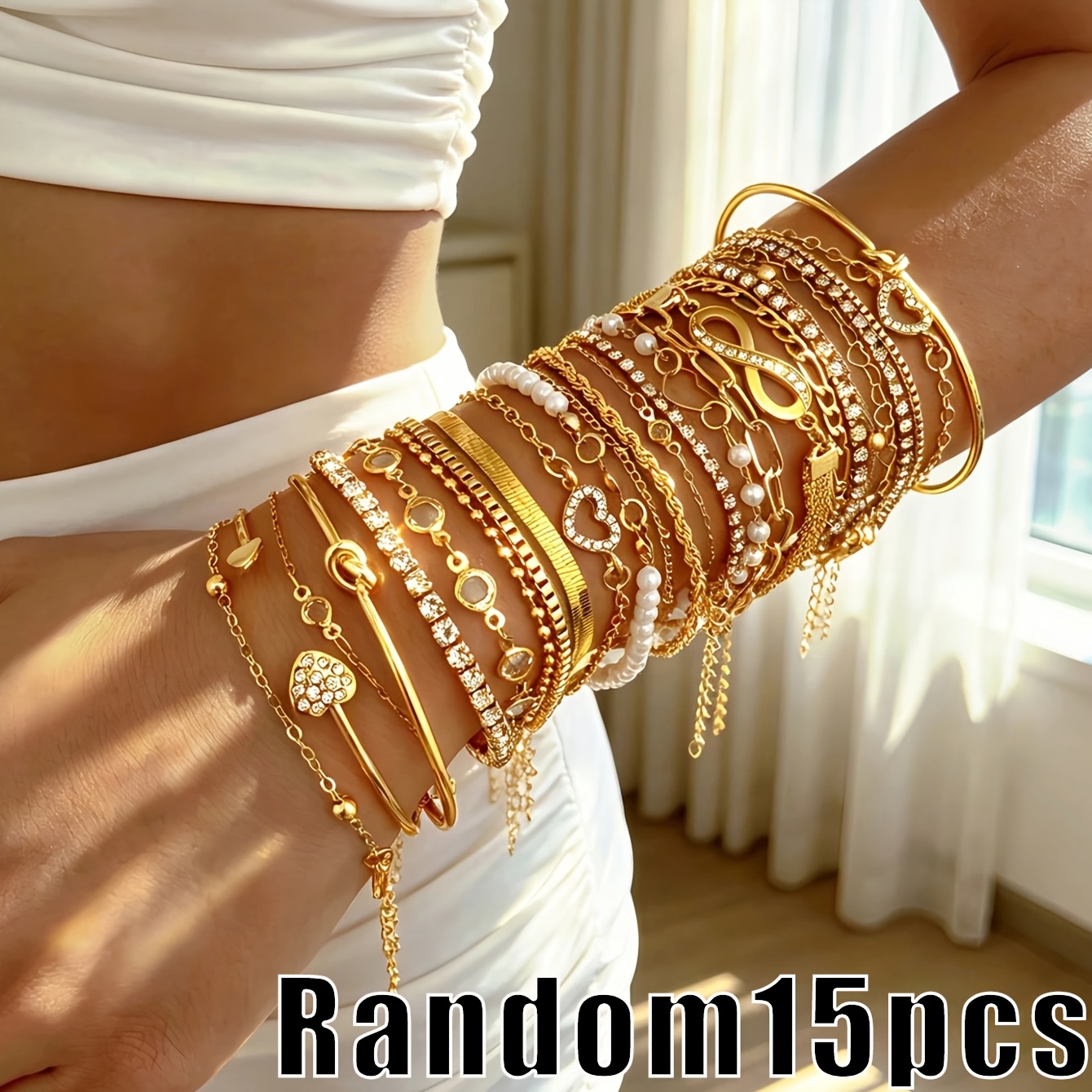 TEMU Random 15pcs Women's Fashion Bracelets, Fashionable Luxurious Old Money Style Easy Heart-shaped Rhinestone Bling Round Beads Women's Bangle