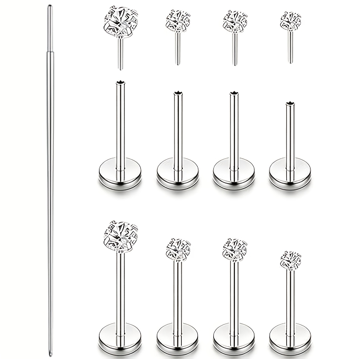 TEMU 9pcs 304 304 Stainless Steel Flat Back Earrings Stud Nose Rings Helix Piercing Tragus Labret Cartilage Lip Medusa Conch Body Piercing Jewelry