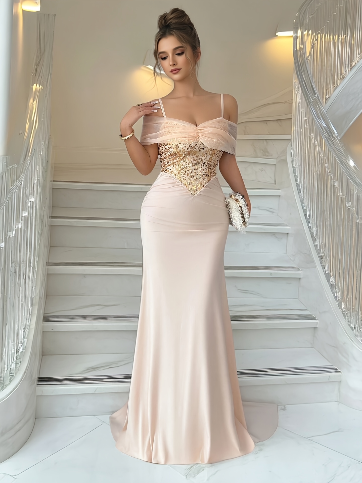 luxury elegant european dress European and American ribbon design, luxurious rhinestone elegant ballroom  gown, Miss Universe beauty pageant gown, model runway