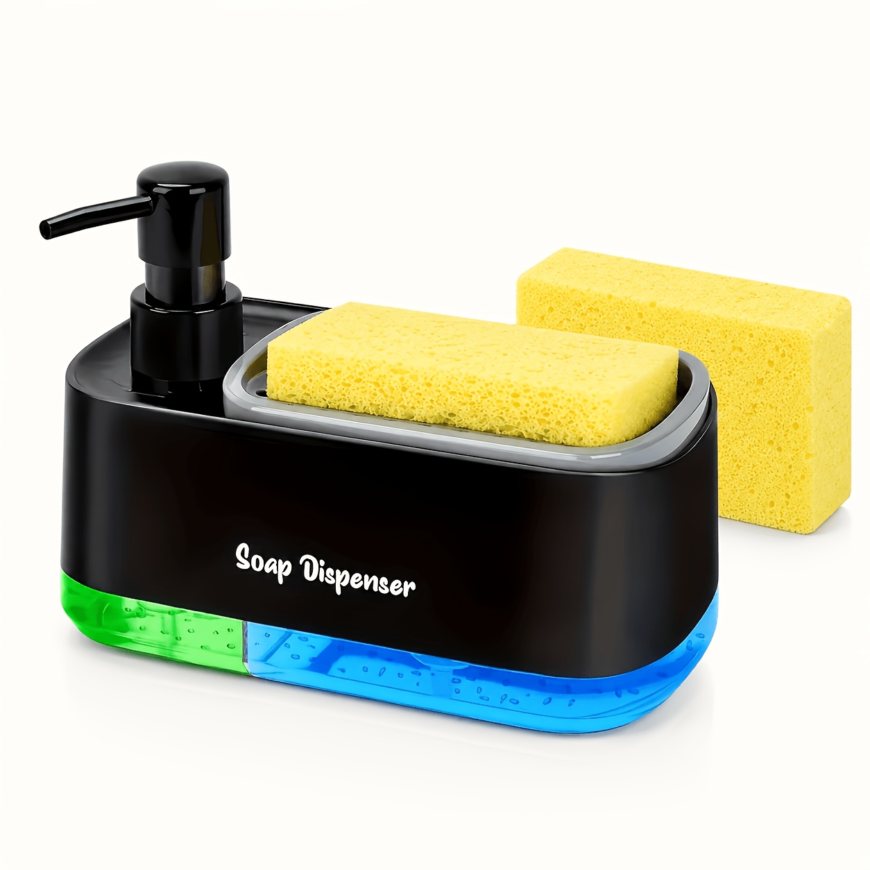 TEMU 1pc Multi-functional Kitchen Soap Dispenser With 2pcs Sponges - Easy Refill, Bpa-free, Lightweight Square Design For Sink Use, Includes Dish