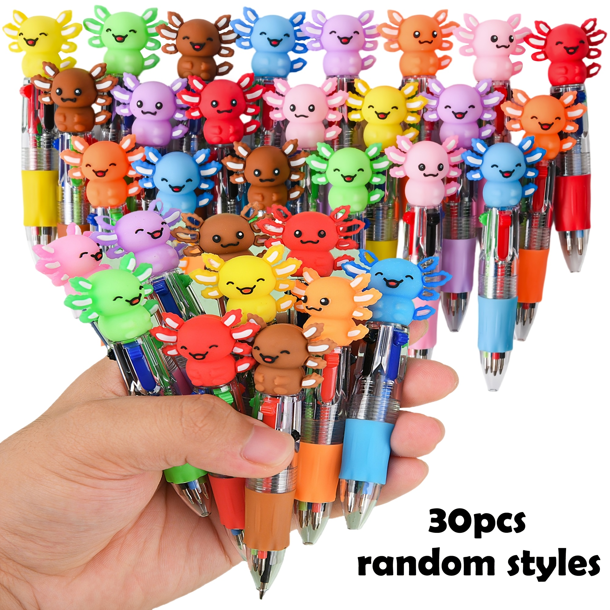 TEMU 30pcs Axolotl Multicolor Retractable Ballpoint Pens, Random Styles, 4in 1 Multicolor Mini Pens, Medium Point, Oval-shaped, Assorted , Ideal For