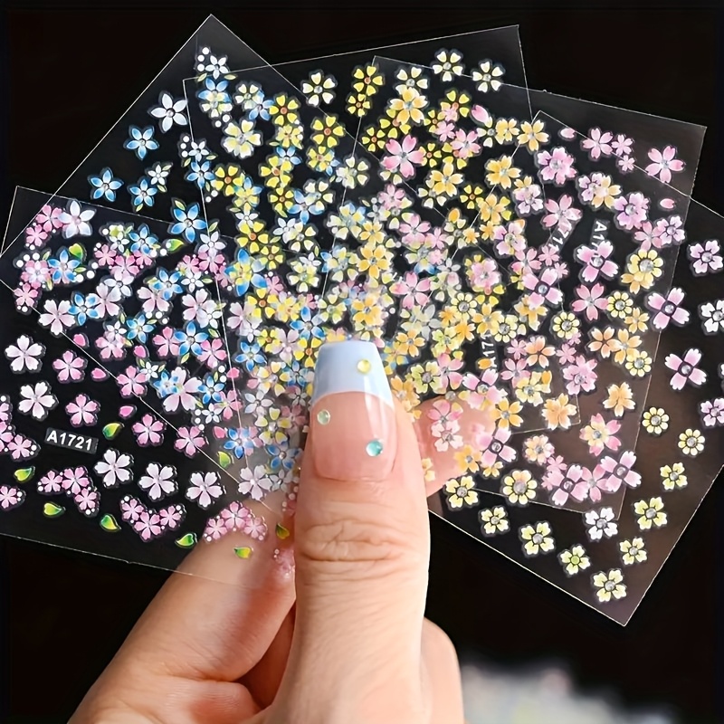 Image of 5- Holographic Flower Nail Art Stickers, Mix Colors Shimmery Glitter Self-adhesive Decals For Diy Manicure