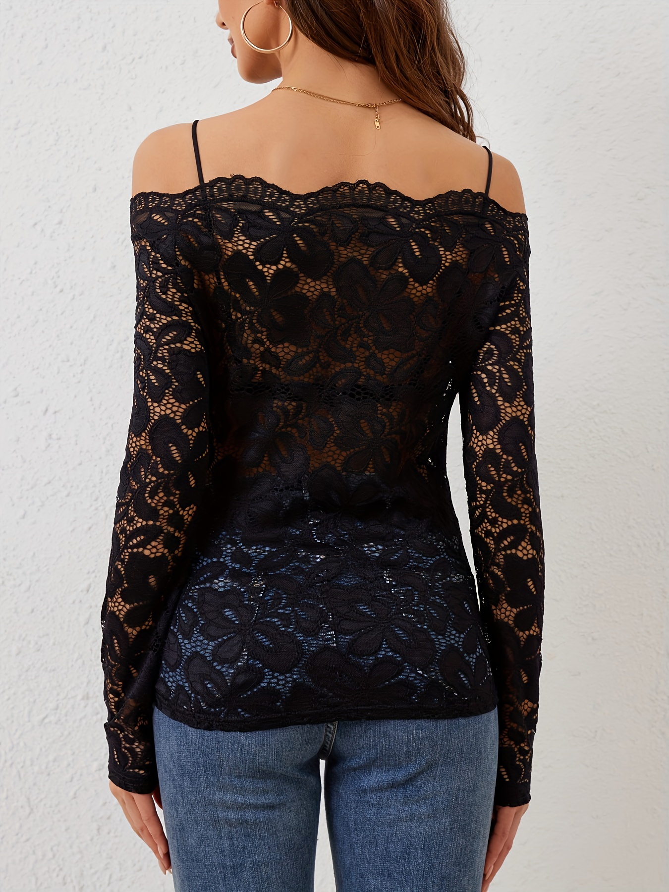 womens elegant shoulder lace t shirt geometric pattern knit - Temu