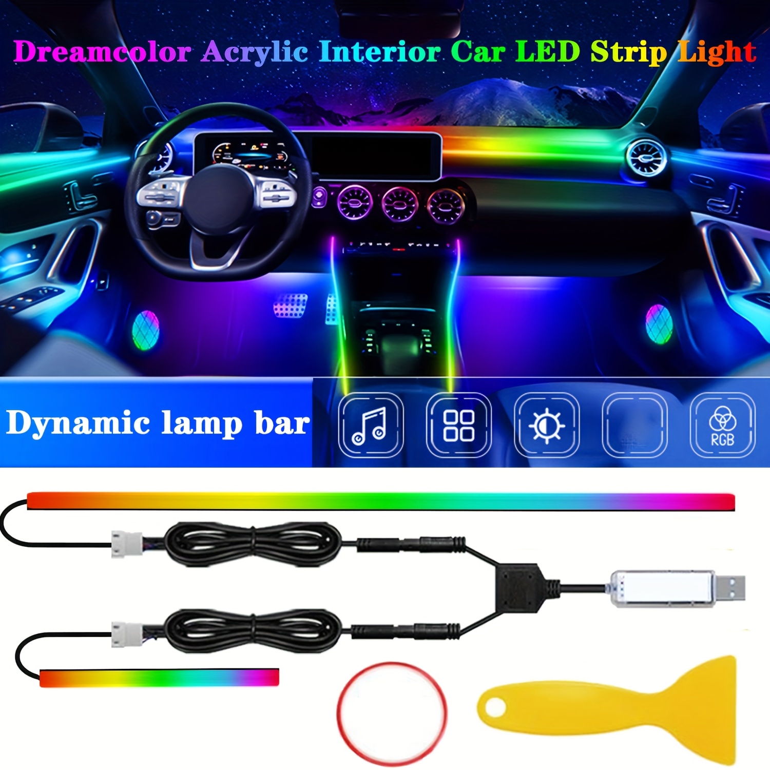 Lumière LED Ambiance Voiture - Bandes Acoustiques RGB, Contrôle App/Telecommande, Synchronisation Musique