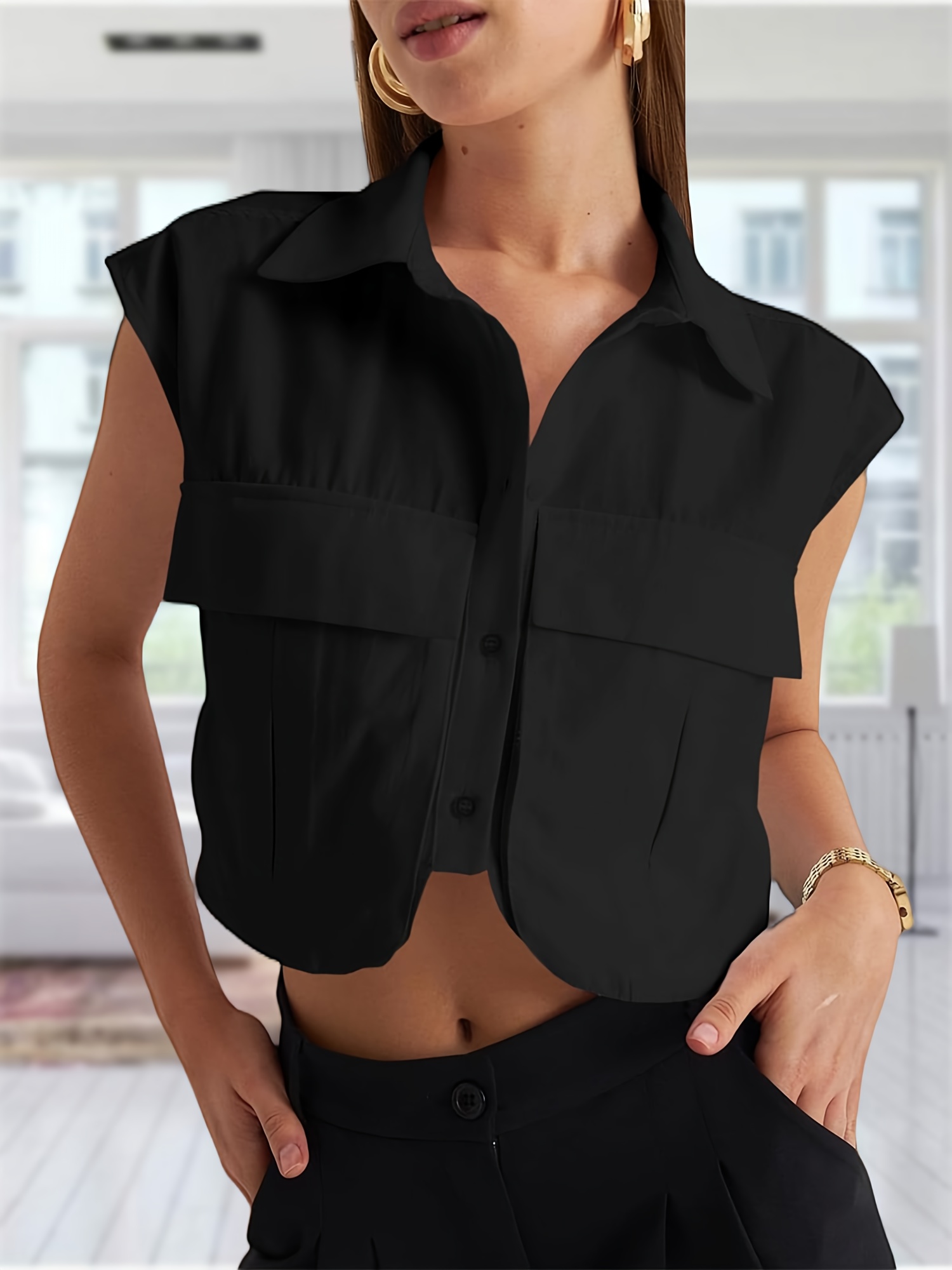 Camisa de Manga Corta con Botones Blusa Crop Top Adorable en Capucha  Estructurado Tipo Chaqueta para Verano, Ideal Casual como Profesi