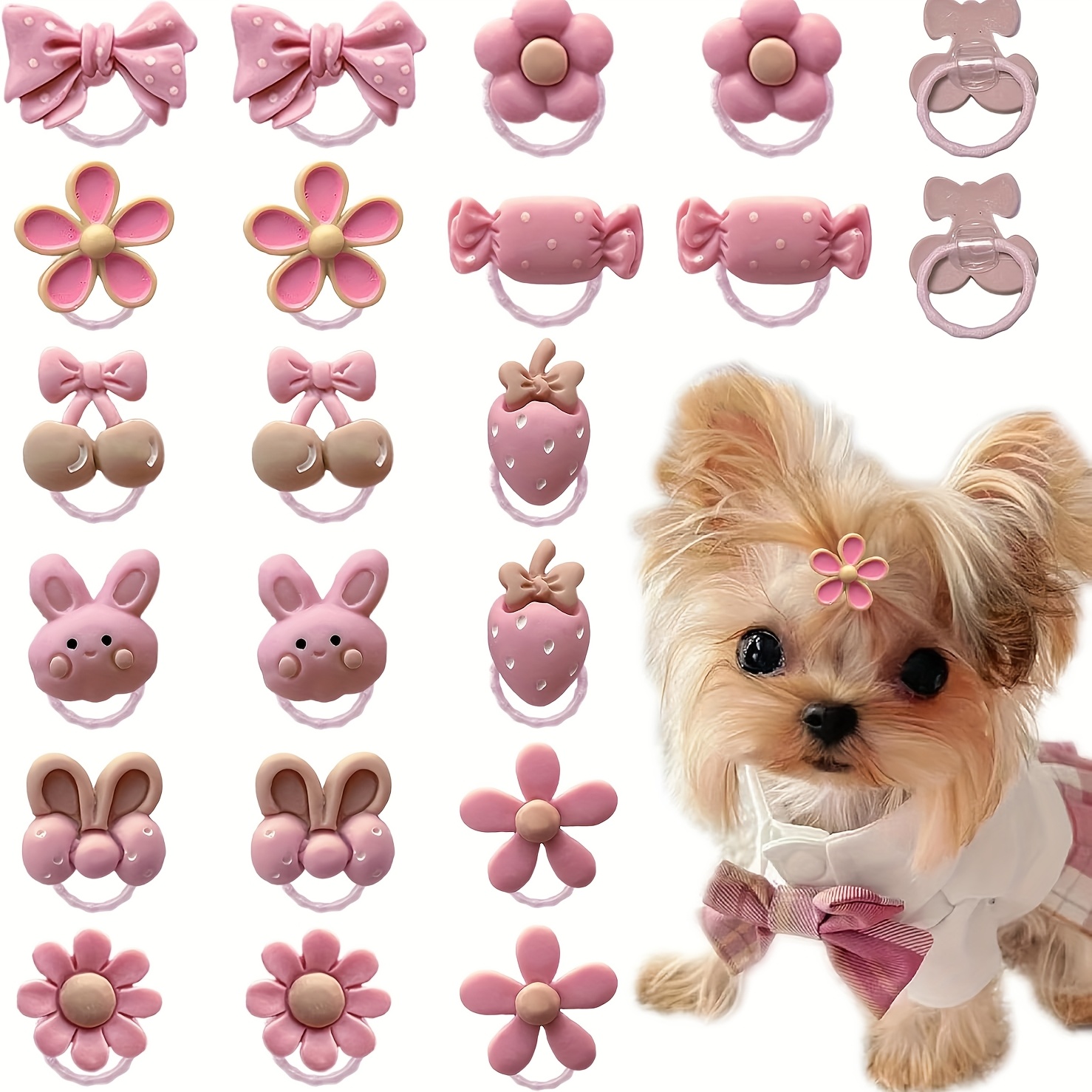 TEMU 20pcs Light Hair Bows With Rubber Bands - Cute Strawberry & Headband Design, Durable Acrylic Pet Hair Accessories For , Lion, Small Breeds, Dog