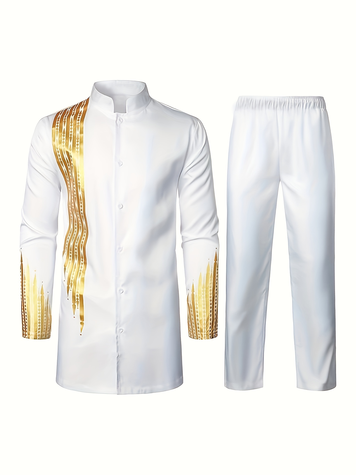 Men'S Casual Long-Sleeve Two-Piece Suit - Mid-Length Top & Trousers, Button Detail, Loose Fit, All-Season Wear, Traditional Cultural Attire, Formal & Everyday Outfits