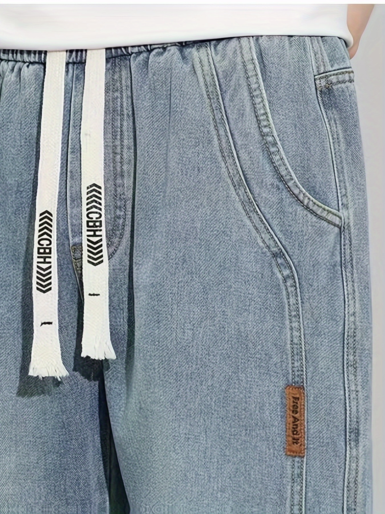 Men's Summer Casual Loose Straight-Leg Jeans - Elastic Drawstring Waist, Lightweight Denim, Streetwear Fashion, Mid-Rise Regular Length Pants for Teens & Young Adults, Casual Attire | Wide Leg Jeans | Denim Trousers