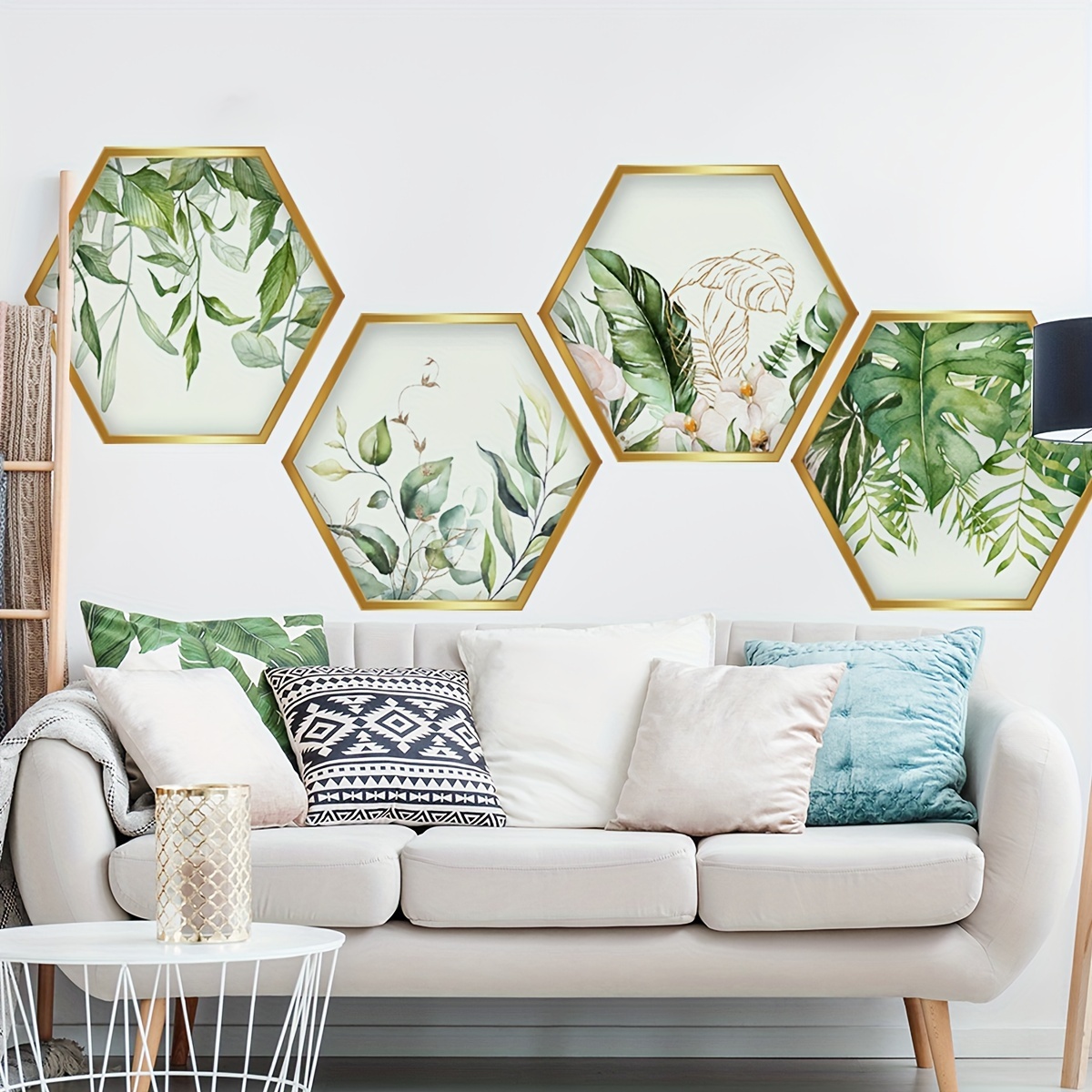 

A Set Of 4 Hexagonal Leaf Floral Wall Stickers (30*30cm*4pcs) For Living Room Sofa And Tv Background Wall Home Decoration.